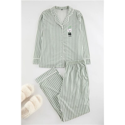 Mint Çizgili Gömlek Yaka Biyeli Örme Pijama Takımı TBBAW25AI00052