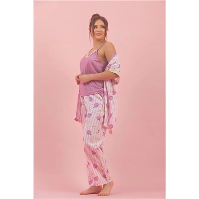 Sude HOMEWEAR Kadın Sabahlıklı 3lü Dokuma Pijama Takımı DK-9007-4