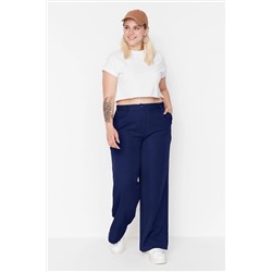 Lacivert Wide Leg/Geniş Paça Dokuma Büyük Beden Kumaş Pantolon TBBAW23AR00007