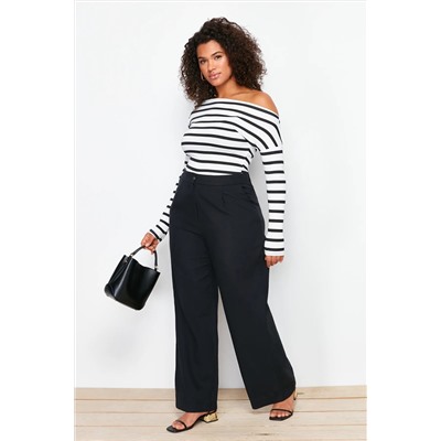 Siyah Yüksek Bel Wide Leg Geniş Paça Dokuma Kumaş Pantolon TBBSS24AR00022