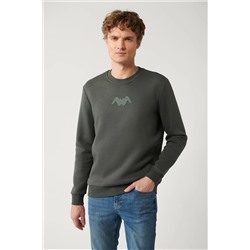 Avva Erkek Haki Bisiklet Yaka 3 İplik Şardonlu Flok Baskılı Standart Fit Normal Kesim Sweatshirt A32Y1273