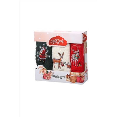 Fancy & Fun Yılbaşı Havlusu 3'lü 30x50 Kırmızı-haki-ekru %100 Pamuk YLB311007