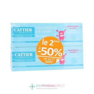 Cattier Kids Bio Dentifrice 2-6 ans Goût Framboise 2x50mlLot  × 2
