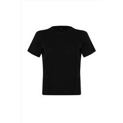 Siyah Biye Detaylı %100 Pamuk Örme T-shirt TBBSS24BF00021