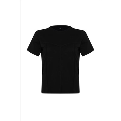 Siyah Biye Detaylı %100 Pamuk Örme T-shirt TBBSS24BF00021