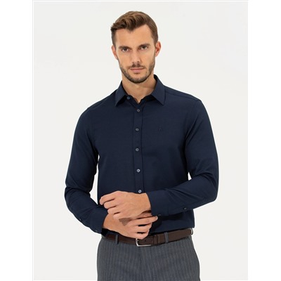 Lacivert Slim Fit Armürlü Gömlek