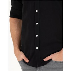 Siyah Slim Fit Keten Görünümlü Gömlek