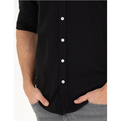 Siyah Slim Fit Keten Görünümlü Gömlek