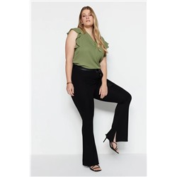 Trendyol Curve Siyah İspanyol Paça Flare Yırtmaçlı Örme Büyük Beden Pantolon TBBAW23AR00002