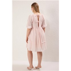Pembe Balon Kol Crinkle Mini Dokuma Büyük Beden Elbise TBBSS25AH00168