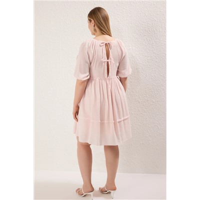 Pembe Balon Kol Crinkle Mini Dokuma Büyük Beden Elbise TBBSS25AH00168