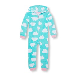 Girls Long Sleeve Cloud Print Cozy Hooded One-Piece Sleeper