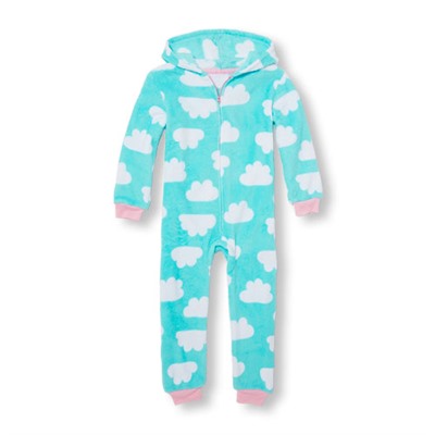 Girls Long Sleeve Cloud Print Cozy Hooded One-Piece Sleeper