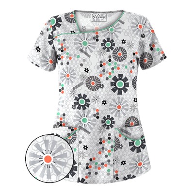 UA Honeycombs And Flowers Pewter Asymmetrical Scrub Top