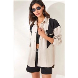 Olalook Kadın Taş Siyah Geometrik Renk Bloklu Oversize Pamuk Ceket CKT-19000344