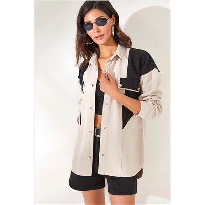 Olalook Kadın Taş Siyah Geometrik Renk Bloklu Oversize Pamuk Ceket CKT-19000344
