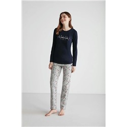 U.S. Polo Assn. Kadın Pamuklu Kırmızı & Gri Yılbaşı Desenli Düz Paça Yuvarlak Yaka 2'li Pijama Takımı 26965