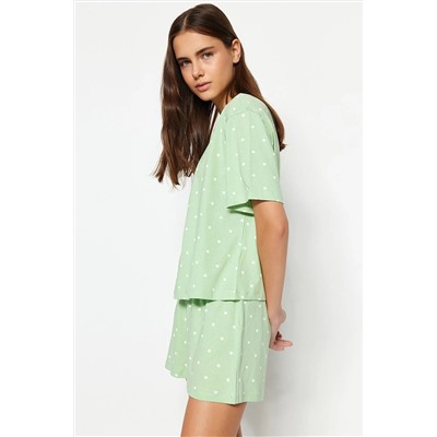 TRENDYOLMİLLA Mint %100 Pamuk Kalp Desenli T-shirt-Şort Örme Pijama Takımı THMSS21PT1485