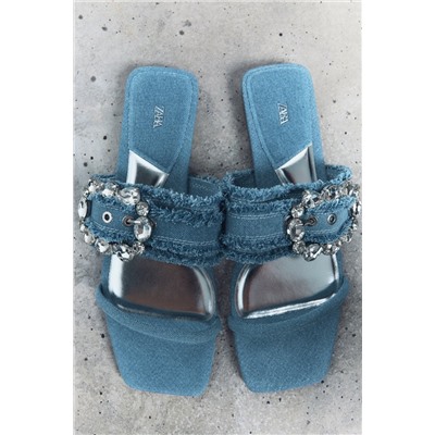 DENIM FLAT SLIDER SANDALS WITH BUCKLE