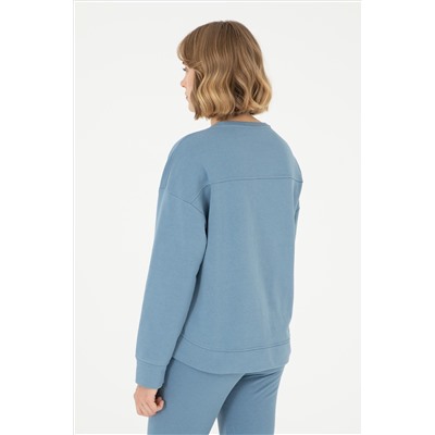 Kadın Koyu Mavi Basic Bisiklet Yaka Sweatshirt