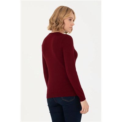 Kadın Bordo V - Yaka Basic Kazak