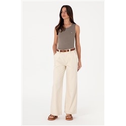 Kadın Ekru Loose Fit Kanvas Pantolon