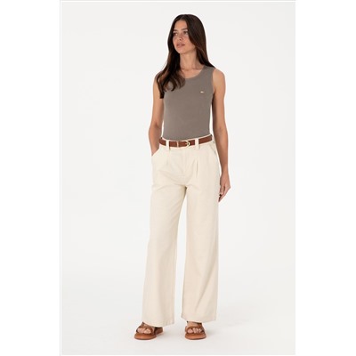 Kadın Ekru Loose Fit Kanvas Pantolon