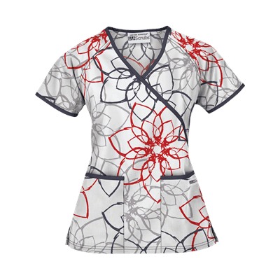 UA Floral Ink White Mock Wrap Scrub Top