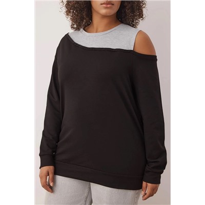 Siyah Bisiklet Yaka Omuz Detaylı İnce Örme Büyük Beden Sweatshirt TBBAW23AO00020