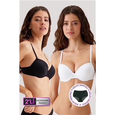 Pierre Cardin2'li Ekonomik Paket Siyah-beyaz 6015 Milan Push Up Dolgulu Micro T-shirt Sütyen Seti Slip Hediyeli