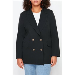 Siyah Oversize/Bol Kesim Astarlı Kruvaze Kapama Dokuma Blazer Ceket TBBSS24AG00002