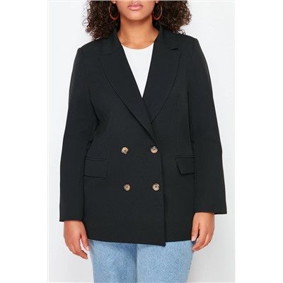 Siyah Oversize/Bol Kesim Astarlı Kruvaze Kapama Dokuma Blazer Ceket TBBSS24AG00002