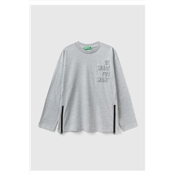 United Colors of BenettonErkek Çocuk Gri Melanj Slogan Baskılı T-Shirt