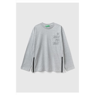 United Colors of BenettonErkek Çocuk Gri Melanj Slogan Baskılı T-Shirt