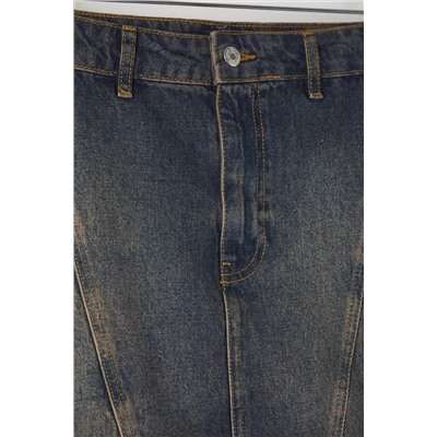 More Sustainable Koyu Mavi Yüksek Bel Dikiş Detaylı Mini Denim Büyük Beden Etek TBBAW26AZ00037