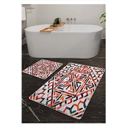 Pilloveland Kaymaz Taban Yıkanabilir 2’li Banyo Paspası - Kırmızı Afitap Desenli 60*100 Cm - 50*60 Cm BM0199