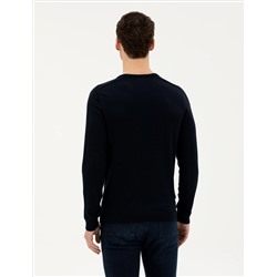 Koyu Lacivert Slim Fit Bisiklet Yaka Triko Kazak
