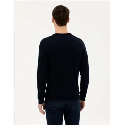 Koyu Lacivert Slim Fit Bisiklet Yaka Triko Kazak