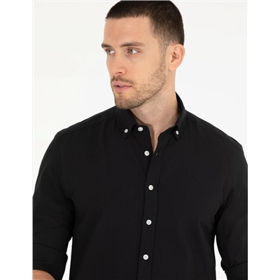 Siyah Slim Fit Keten Görünümlü Gömlek