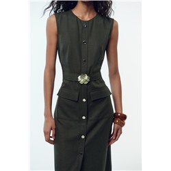 LINEN BLEND MIDI DRESS WITH BELT