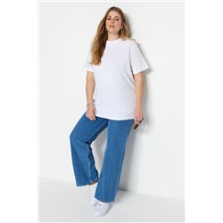 Trendyol Curve Beyaz Lacivert Yakası Ribanalı Boyfriend %100 Pamuk Örme T-shirt TBBSS23BF00019