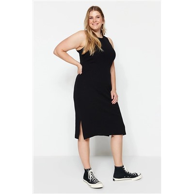 Trendyol Curve Siyah Fitilli Örme Bisiklet Yaka Yırtmaçlı Elbise TBBSS23AH00072