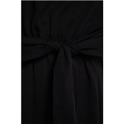 Siyah Kuşaklı Örme Bisiklet Yaka %100 Pamuk Elbise TBBSS22AH0242