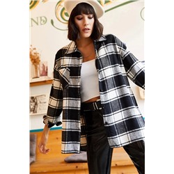 Olalook Kadın Siyah Beyaz Tek Cepli Kalın Ekose Oduncu Gömlek GML-19000736