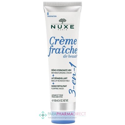 Nuxe Crème Fraîche de Beauté 3-en-1 - Crème Hydratante 48H + Lait Démaquillant + Masque Repulpant 100ml