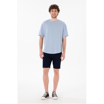 Erkek Long Fit Bisiklet Yaka Açık Mavi Basic Tişört