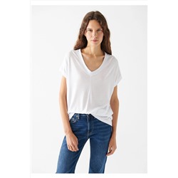 Mavi V Yaka Beyaz Basic Tişört Regular Fit / Normal Kesim 166449-620