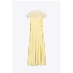 FEATHERED SATIN MIDI DRESS