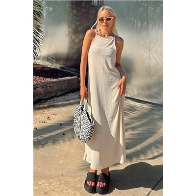 Swist Bej Elie Halter Yaka Bürümcük Kadın Midi Elbise 36723