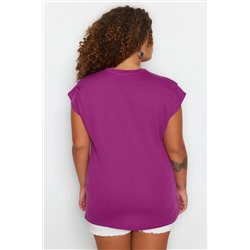 Mor Bisiklet Yaka Kol Detaylı %100 Pamuk Örme T-Shirt TBBSS22BF0023